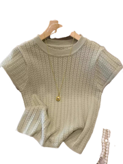 Elegant Hollow-Out Short Sleeve Women's Summer High-End Youthful Slimming Design Fashion Round Neck Ice Silk Knitted Top A3919 - Halloweez