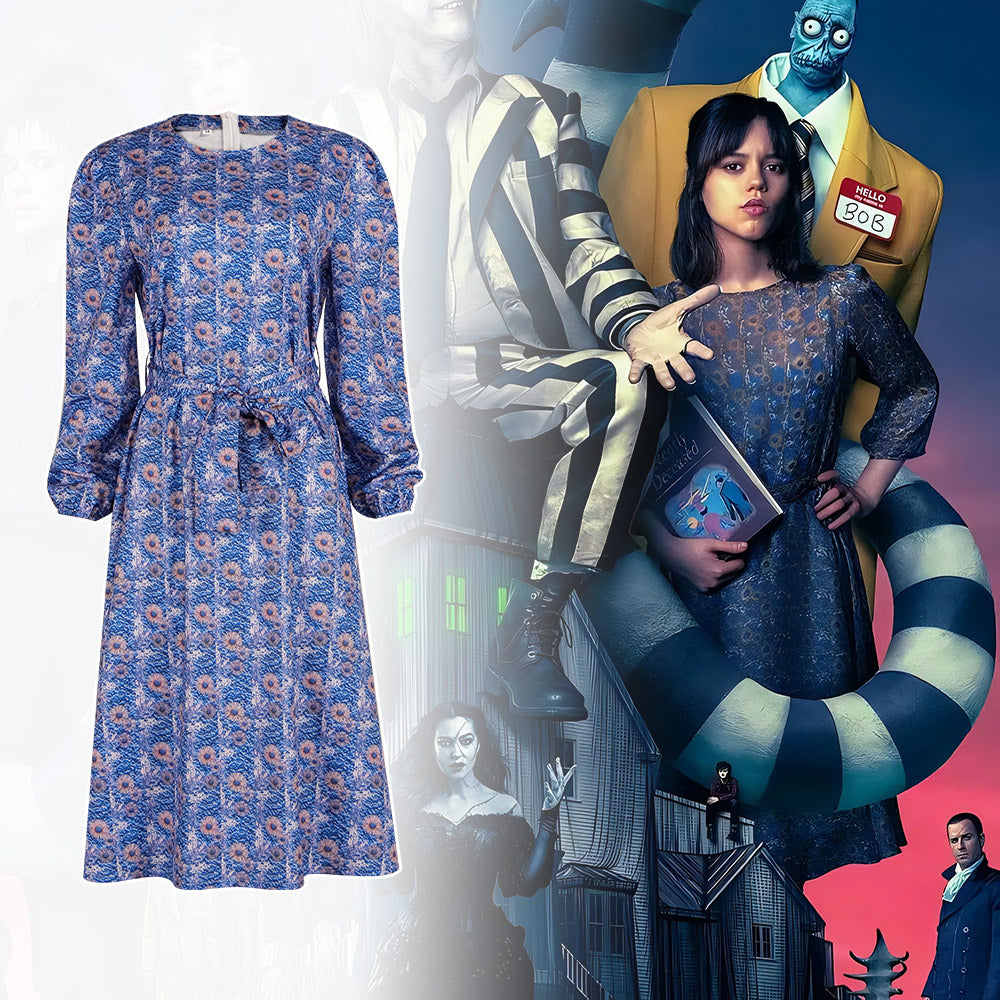 Beetlejuice Cosplay Costume Astrid Floral Dress for Halloween and Strange Performances - Halloweez