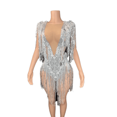 Silver Fringe Sequin Dress - High-End Performance Costume for Female Singers, Models, and Dance Troupes with Full Diamond Embellishments - Halloweez