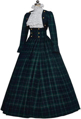 Elegant Victorian Dickens Caroler Cosplay Dress | Green Plaid Holiday Attire - Halloweez