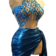 Sexy Off-shoulder Crystal Chain Mini Dress - Blue Cosplay Costume for Party, Club, Performance - Halloweez