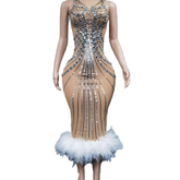 Sexy Silver Sequin Feather Hem Bodycon Evening Dress for Women - Backless Glamorous Cosplay Costume - Halloweez