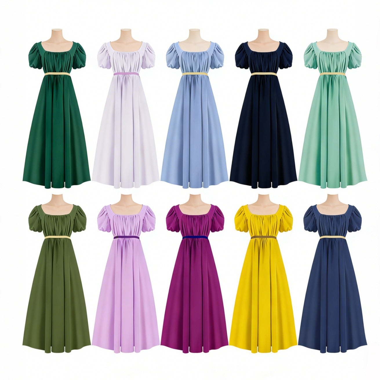 Bridgerton Inspired Women’s Regency Dress – Square Neck Empire Waist Maxi Gown with Puff Sleeves for Renaissance Fair, Tea Party & Historical Cosplay - Halloweez