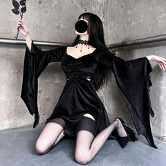 Mrs Addams Vampire Cosplay Dress, Custom Bat Sleeve Long Gown for Halloween Show