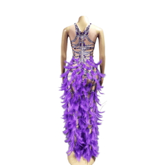 Colorful Feather Evening Gown Purple Party Dress with Pearls Rhinestones for Cosplay Halloween Costume - Halloweez