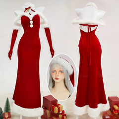 Genshin Impact Shenhe Christmas Cosplay, Custom Red Holiday Dress for Halloween & Comic Con