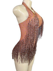 Latin Dance Halter Bodysuit with Fringe and Rhinestones - White Dance Performance Costume for Women - Halloweez