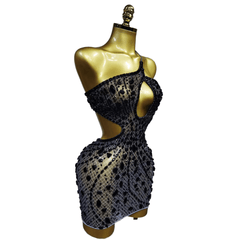 Sexy Sheer Mesh Diamond Backless Bodycon Dress for Nightclub Cosplay Party - Black - Halloweez