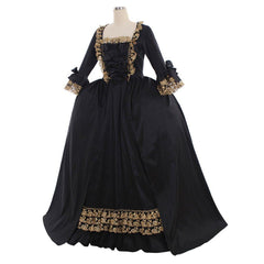 18th Century Rococo Black Dress: A Luxurious Halloween Cosplay Costume with Golden Lace - Halloweez