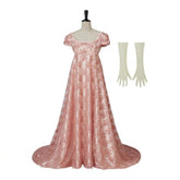 18th Century Women's High Waistline Pink Dress with Gloves - Exquisite Elegance for Special Events - Halloweez