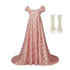 18th Century Women's High Waistline Pink Dress with Gloves - Exquisite Elegance for Special Events - Halloweez