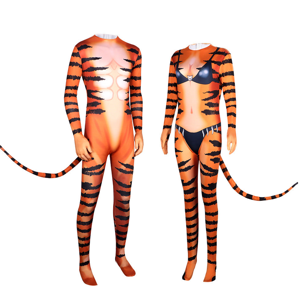 Tiger Pattern Bodysuit Cosplay Stage Performance Costume Halloween Orc Cos Jumpsuit - Halloweez