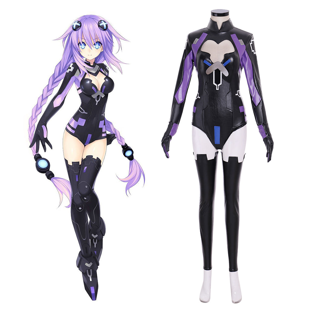 Halloweez Nepgear Cosplay Costume - Black Purple Sister Sexy Jumpsuit for Women | Leather Bodysuit - Halloweez