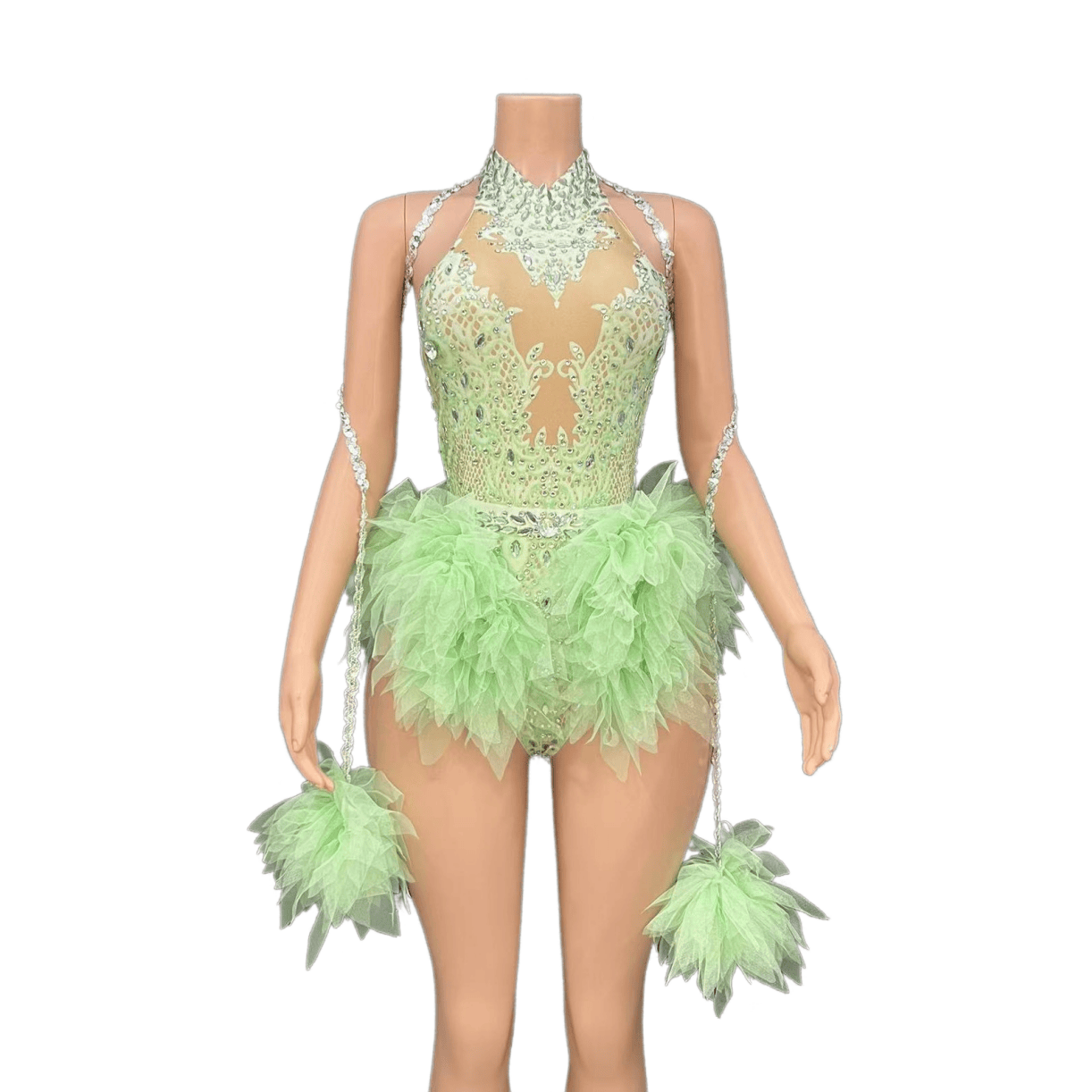 GC Singer Dance Shiny Diamond Stretchy Slim Pink Mesh Bodysuit Stage Performance Costume Women Flash Diamond - Light Green - Halloweez