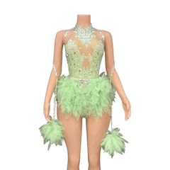 GC Singer Dance Shiny Diamond Stretchy Slim Pink Mesh Bodysuit Stage Performance Costume Women Flash Diamond - Light Green - Halloweez