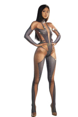 -Grid Pattern Spandex Long Evening Party Dress with Rhinestones - Halloweez