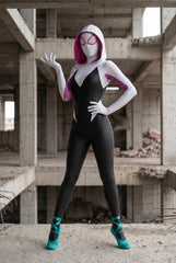 Upgraded Gwen Stacy Spider-Verse Cosplay Outfit, Color Block Embossed Full Set, Customizable Shoes - Halloweez