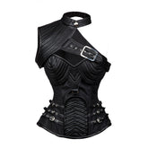 Medieval Dark Gothic Style Crusader Knightess Corset Top - Leather Look Bustier with Lace-Up Front and Adjustable Straps for Cosplay Costumes - Halloweez