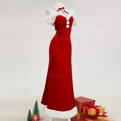 Genshin Impact Shenhe Christmas Cosplay, Custom Red Holiday Dress for Halloween & Comic Con