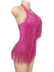 Latin Dance Halter Bodysuit with Fringe and Rhinestones - White Dance Performance Costume for Women - Halloweez