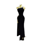 Elegant Black Slim Dress for Formal Events, Parties, Stage Performances, and Cosplay - Strap Style Bodycon Evening Gown - Halloweez