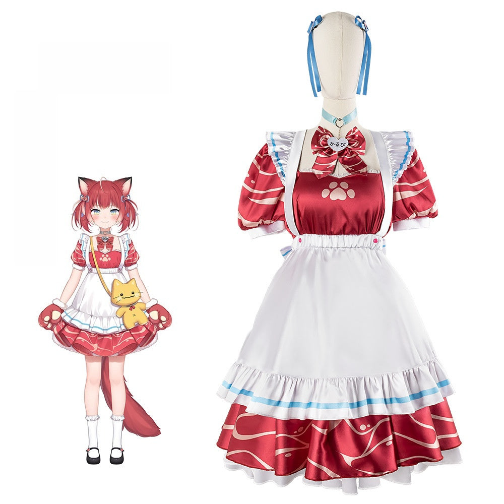 vtuber Akami Karubi Anime Cosplay Maid Dress Set - Perfect for Cosplay Enthusiasts - Halloweez