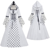 Elegant Halloweez Gothic Steampunk Hooded Polka Dot White Dress for Medieval Victorian Renaissance Events - Halloweez