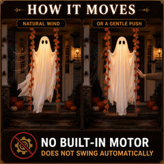 Spooky 1.2m LED Light-Up Swinging Ghost Halloween Decoration with Wooden Maple Leaf Garland, Remote Control, Hanging Outdoor Porch Decor for Yard, Tree & Party