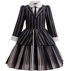 Halloween Dress for Girls Cosplay Addams Family Wednesday Heroine Stripe Fake Two-Piece Princess Dress - Halloweez