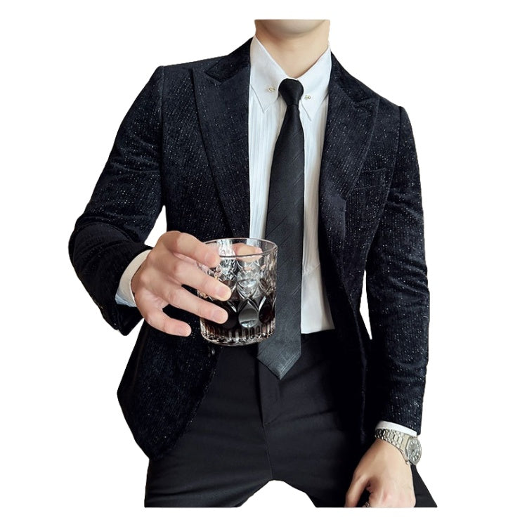 Men's Velvet Blazer with Shimmer Stripe - Elegant Cosplay Suit for Stage Performance, Halloween, and Parties - Halloweez