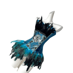 TDH Original Handmade Blue Green Peacock Gothic Dark Lace-Up Drawstring Feather Bustier Affordable Corset Top for Cosplay - Halloweez