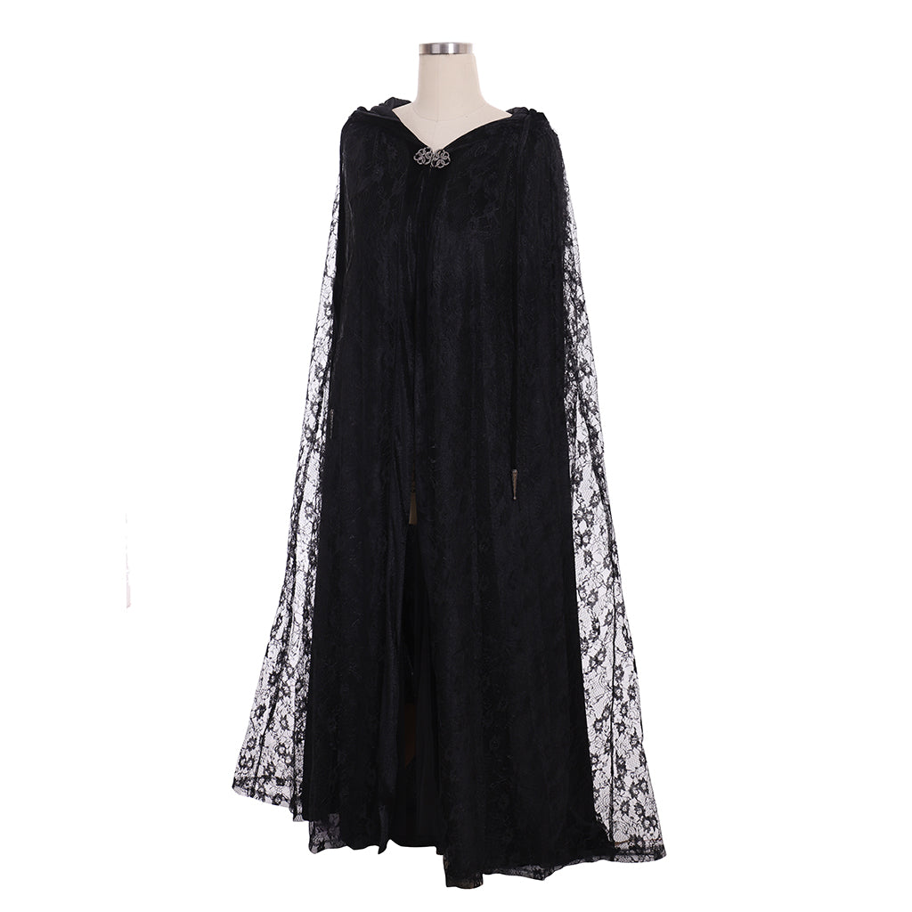 Women's Long Hooded Steampunk Cape - Black Lace Witch Cloak by Halloweez - Halloweez