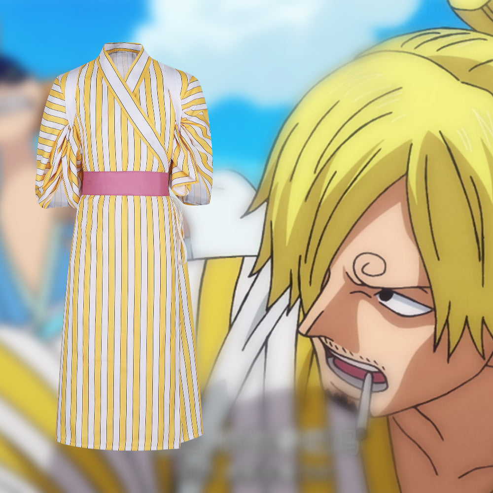 One Piece Wano Country Sanji Yellow Stripes Japanese Kimono Cosplay Costume - Halloweez