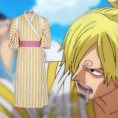 One Piece Wano Country Sanji Yellow Stripes Japanese Kimono Cosplay Costume - Halloweez