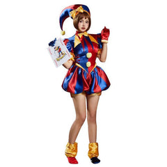 Harley Quinn Jester Costume - Red & Blue Clown Cosplay Outfit with Hat Gloves Socks for Halloween - Halloweez