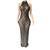 Sexy Black Long Rhinestone Mesh See-through Lattice Evening Gown for Party Cosplay - Halloweez