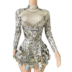 Nofans Spring Long Sleeve Slim A-Line Short Hem Diamond Lens Halter Backless Evening Gown Sexy Cosplay Dress - Halloweez