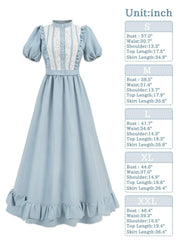 Women’s Light Blue Lace Vintage Midi Dress, Puff Sleeve Ruffle Hem Cottagecore Outfit - Halloweez