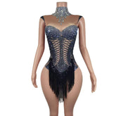 STOCK Singer Dance Rhinestone Elastic Pearl Black Bodysuit Performance Stage Costume Sexy Stage Outfit for Women - Halloweez