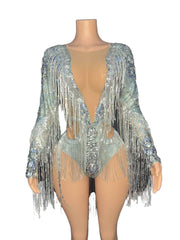 Sexy Sheer Mesh Stage Costume for Live Performance - Silver T-Show Fashion Outfit for Bar Singers, Band Performances & Livehouse Events - Halloweez