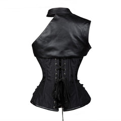 Medieval Dark Gothic Style Crusader Knightess Corset Top - Leather Look Bustier with Lace-Up Front and Adjustable Straps for Cosplay Costumes - Halloweez