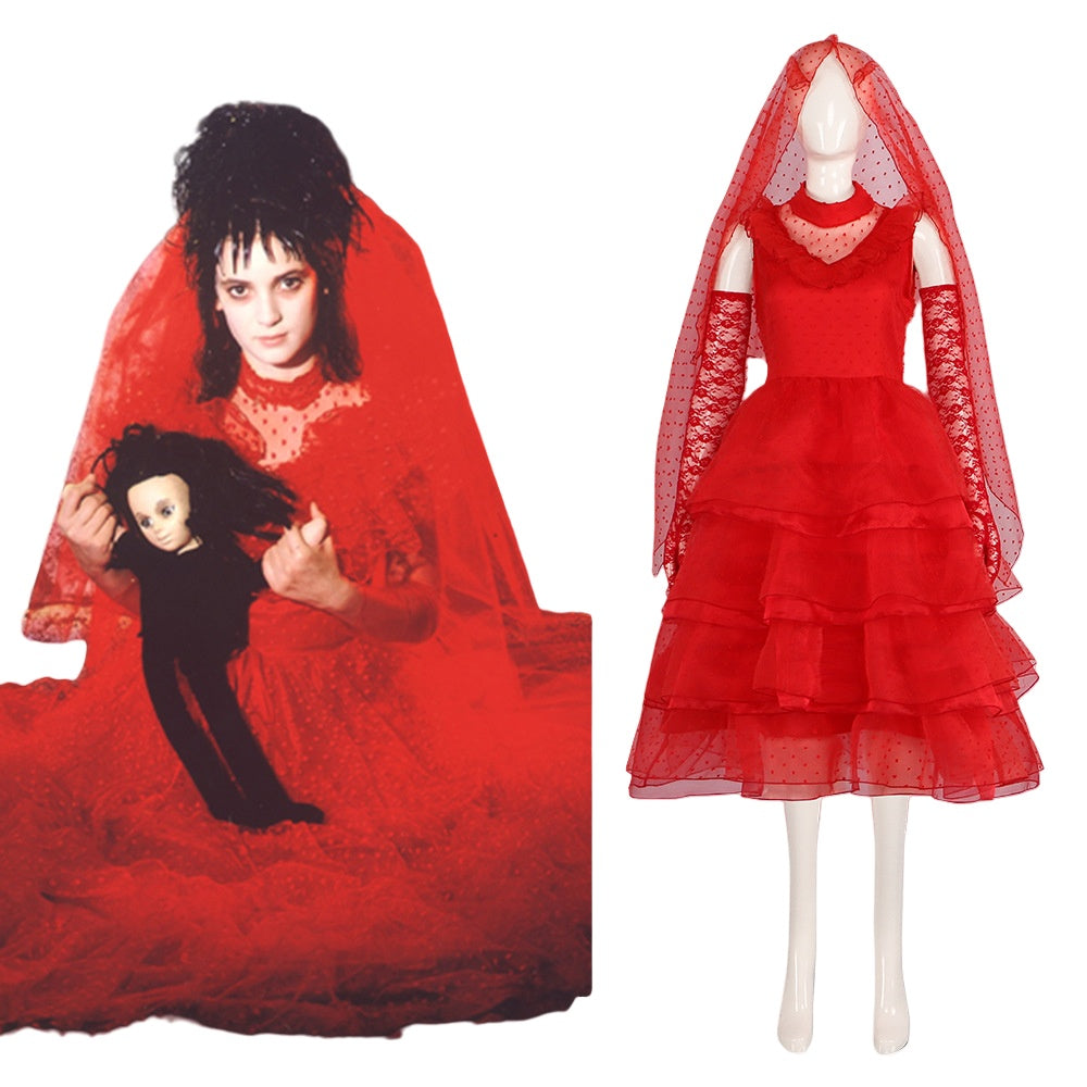Beetlejuice Lydia Red Wedding Cosplay Costume Gothic Halloween Dress - Movie Beetlejuice Lydia Deetz - Halloweez