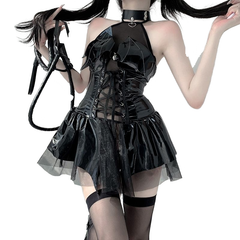 Mirror PU Halter Tie Bat Little Devil Sheer Mini Skirt Cosplay Costume Anime Lolita Goth Outfit - Halloweez