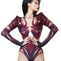 Sexy Purple Gogo Dancer Outfit Women's Nightclub Performance Wear Long Sleeve Bodysuit Clubwear Evening Dress - Halloweez