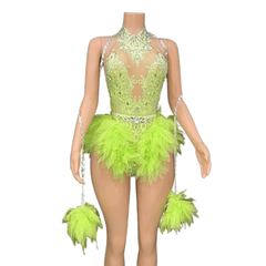 GC Singer Dance Shiny Diamond Stretchy Slim Pink Mesh Bodysuit Stage Performance Costume Women Flash Diamond - Light Green - Halloweez