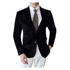 2025 New Fashion Glossy Velvet Gold Foil Print Men's Slim Fit Blazer Jacket - Trendy Cosplay Suit for Halloween Parties - Halloweez