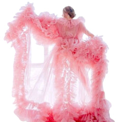 Pink Maternity Bridal Lingerie Robe Sheer Mesh Photoshoot Dress for Pregnancy with 3D Floral Print - Cosplay & Boudoir Photography - Halloweez