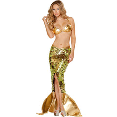 Glittering Halloweez Mermaid Theme Costume – Sparkling Shell Bra and Alluring High-Slit Tail Skirt Set - Halloweez