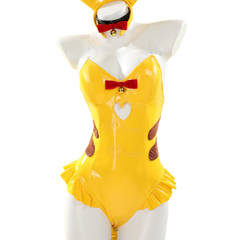 Pikachu Cosplay Bunny Girl Costume Yellow PU Leather Tight Cute Clubwear Anime Outfit