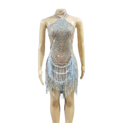 GC Diamond Fringe Short Dress - Silver Party Costume for Nightclub, Pole Dance, Birthday & Bar Events - Halloweez